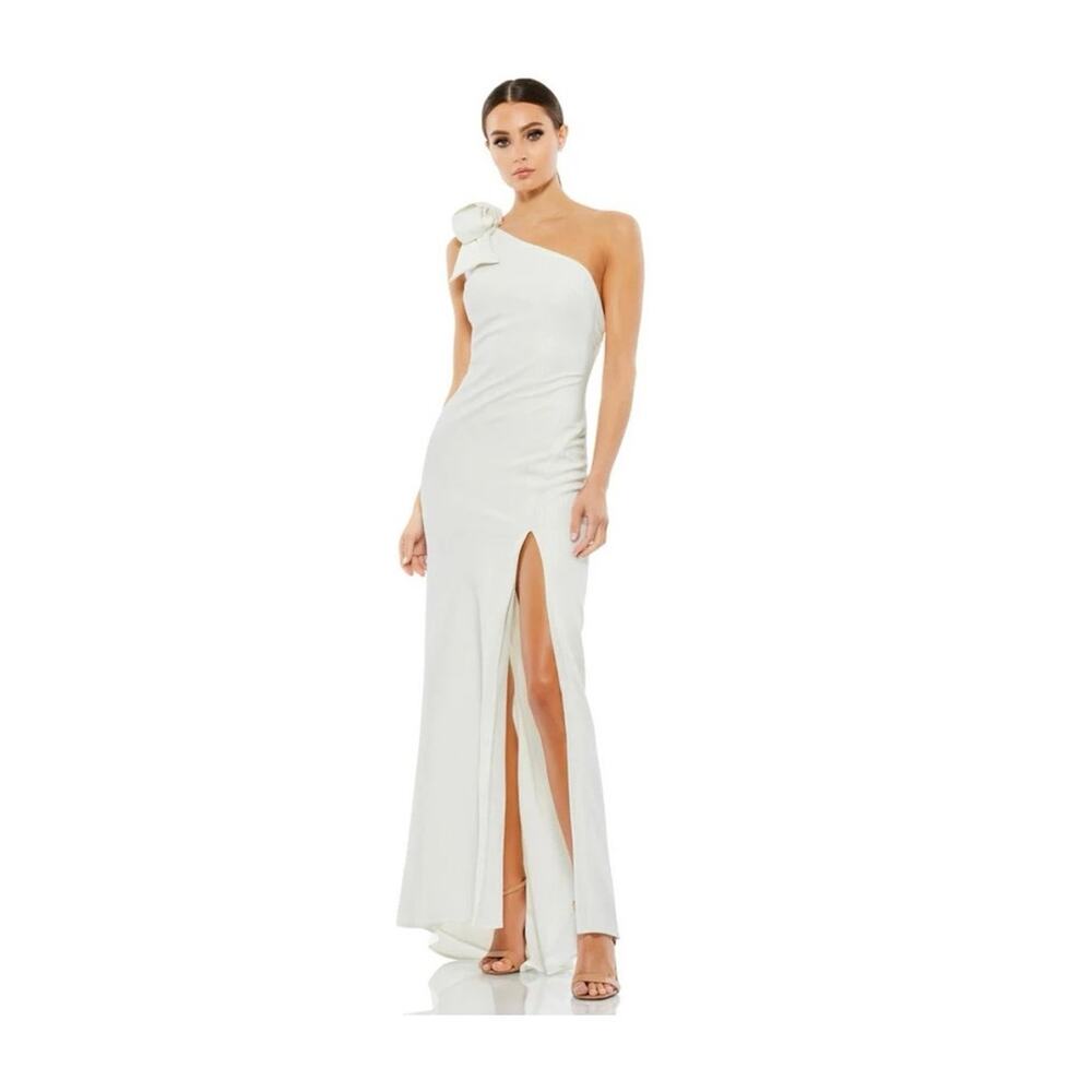 Ieena Mac Duggal Gown-‎ size 10- white one shoulder bow detail thigh slit